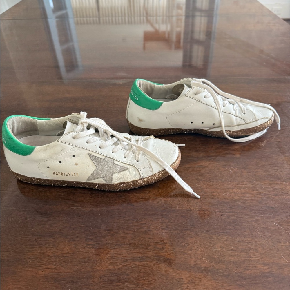 Golden Goose White Leather Sneakers with Green Heel Tab